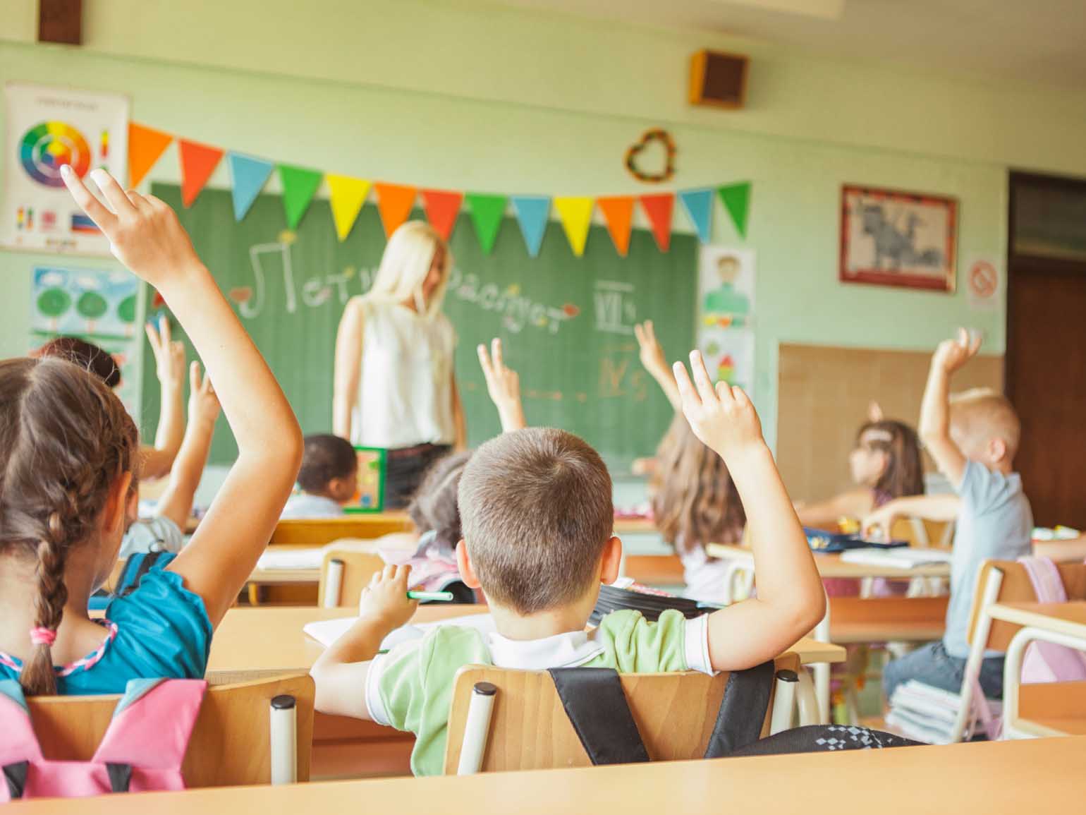 Primary School Students Raising Hands
