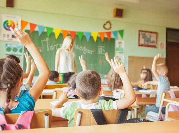 Primary School Students Raising Hands